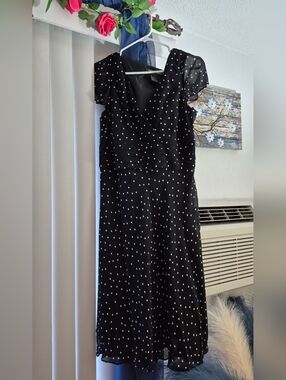 Black Midi Dress with White Polka Dots. SIZE 14..IN GOOD CONDITION. JONES WEAR